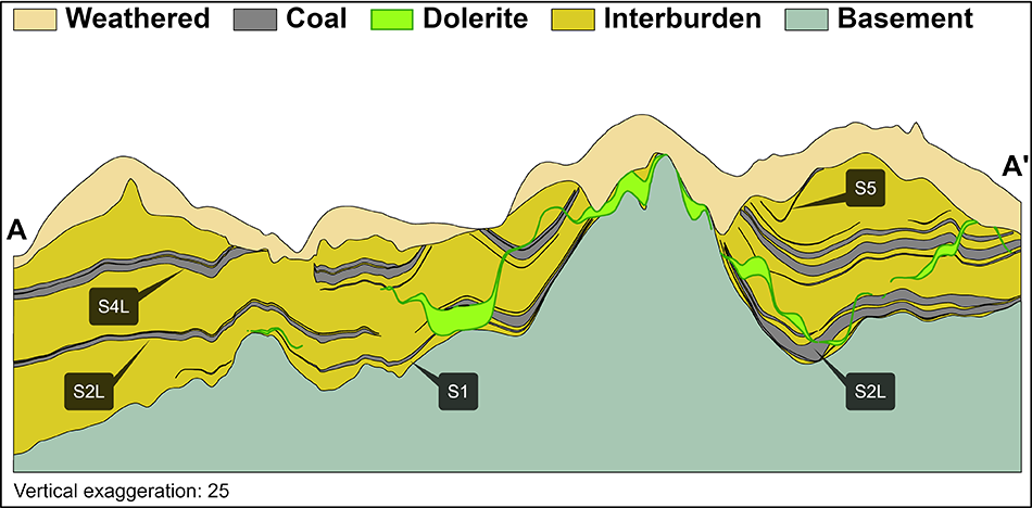 Figure 18: Typical south-west-north-east section through Dorstfontein geological model